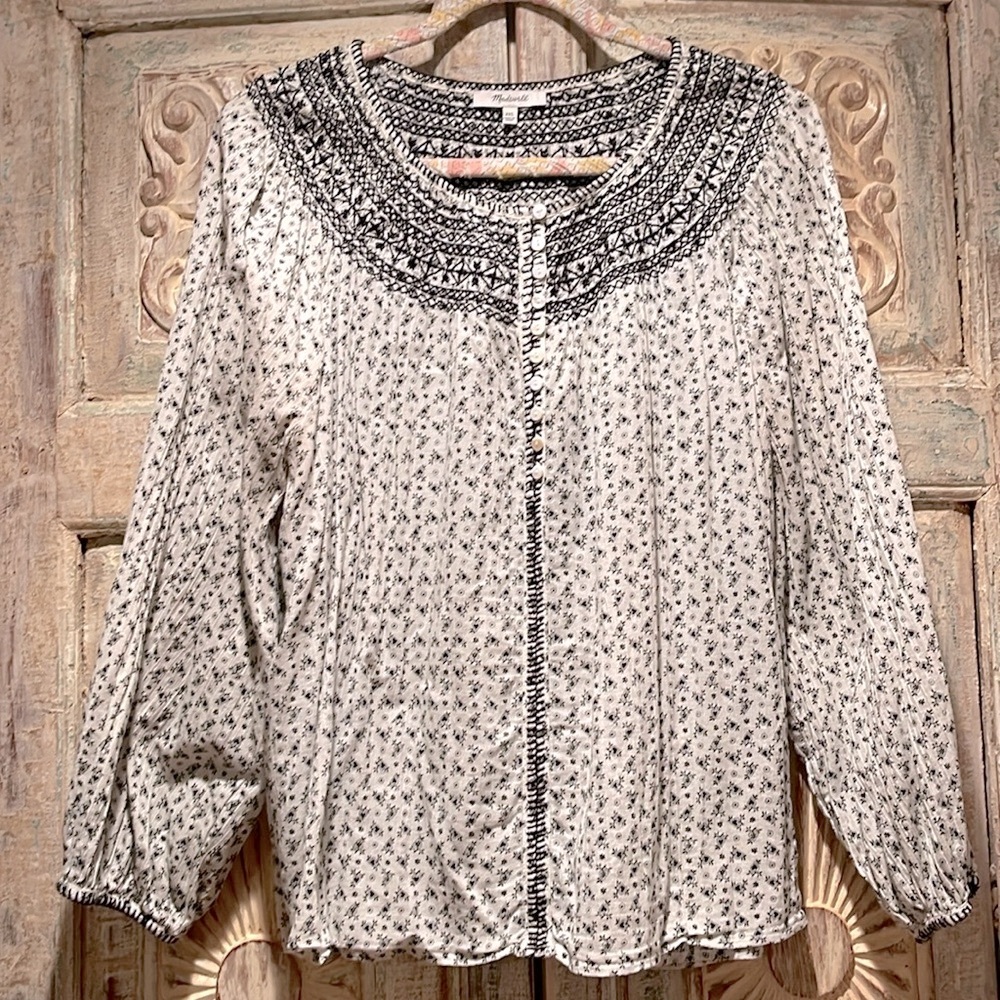 EUC Madewell Embroidered Crinkle Cotton Button Top in Fresh Sprigs /xxl/